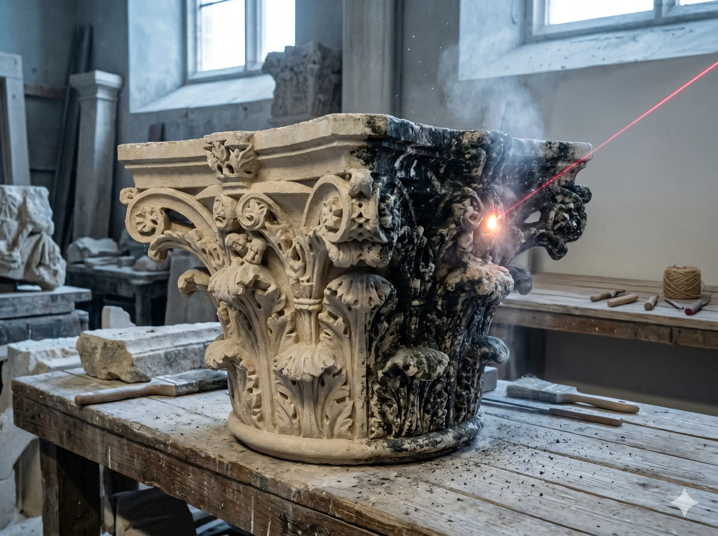 Fachada de piedra tradicional andorrana en restauración con limpieza láser