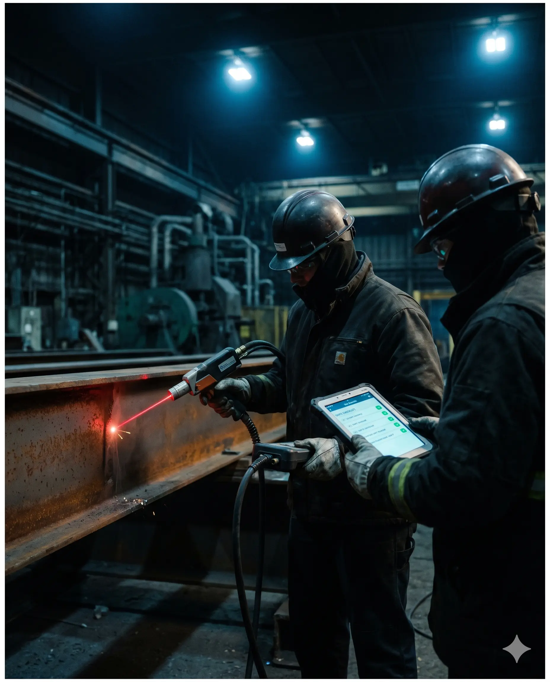Operario certificado de LASERAND trabajando con equipo láser de alta potencia en planta del cliente
